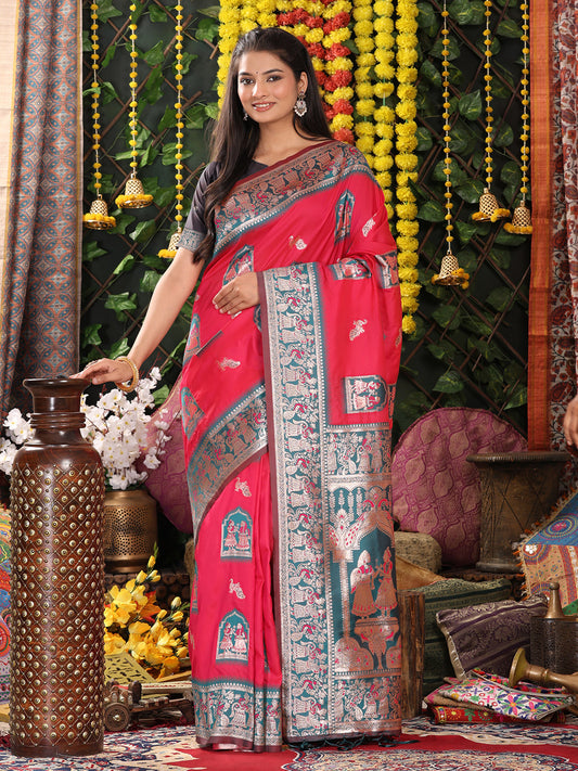 Traditional Red Art Silk Temple Border Festive Wedding Wear Saree