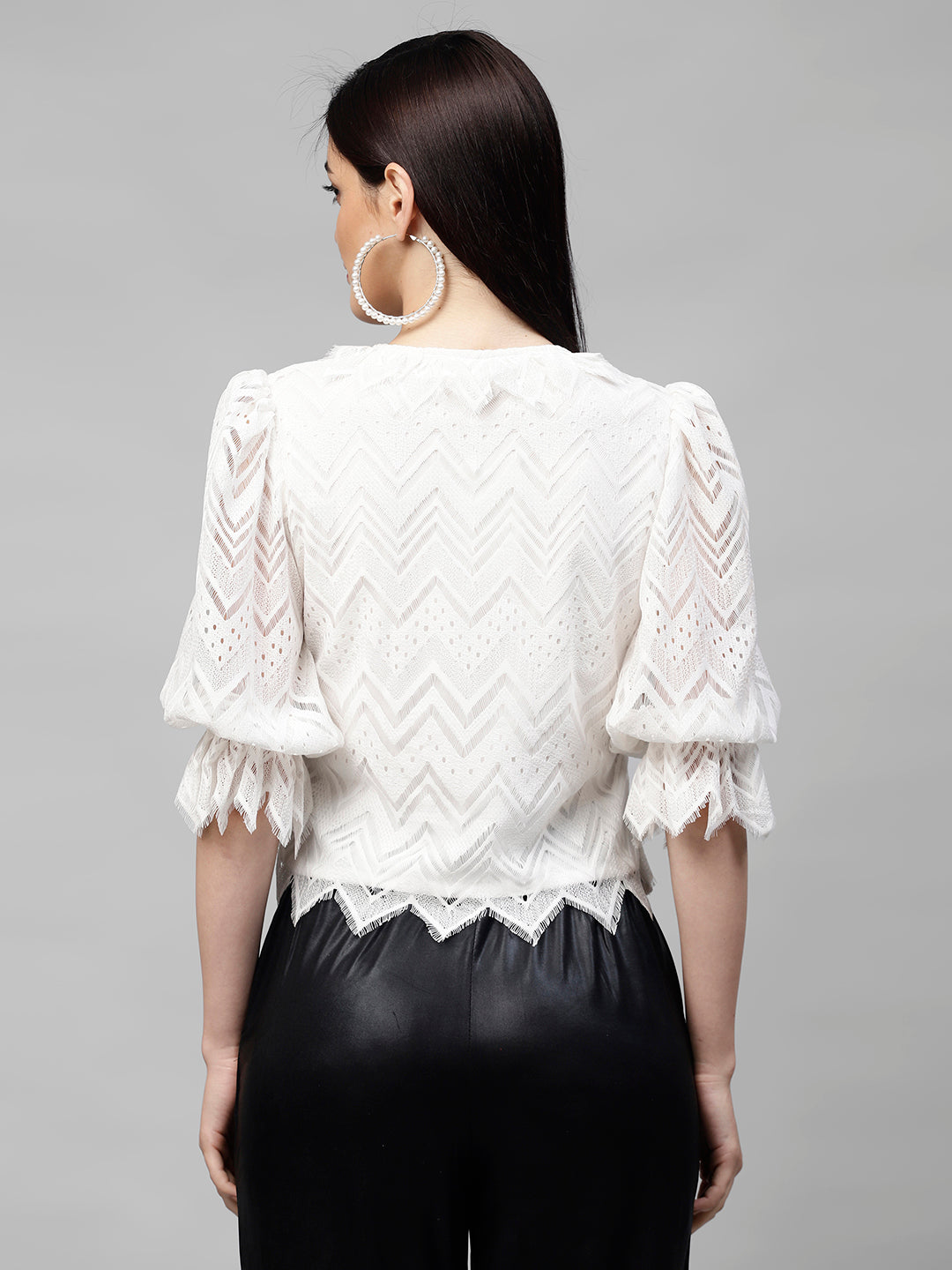 White Tie-Up Neck Puff Sleeves Lace Top