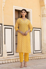 Women Yellow V Neck Thread Embroidered Kurta Paired With Printed Bottom And Dupatta
