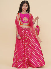 Girls Orange & Pink Embroidered Choli & Ready to Wear Lehenga With Dupatta