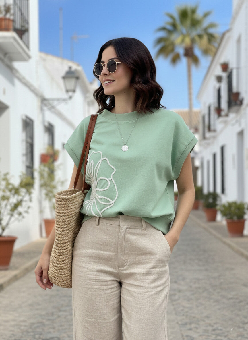 Green Floral Embroidered Top