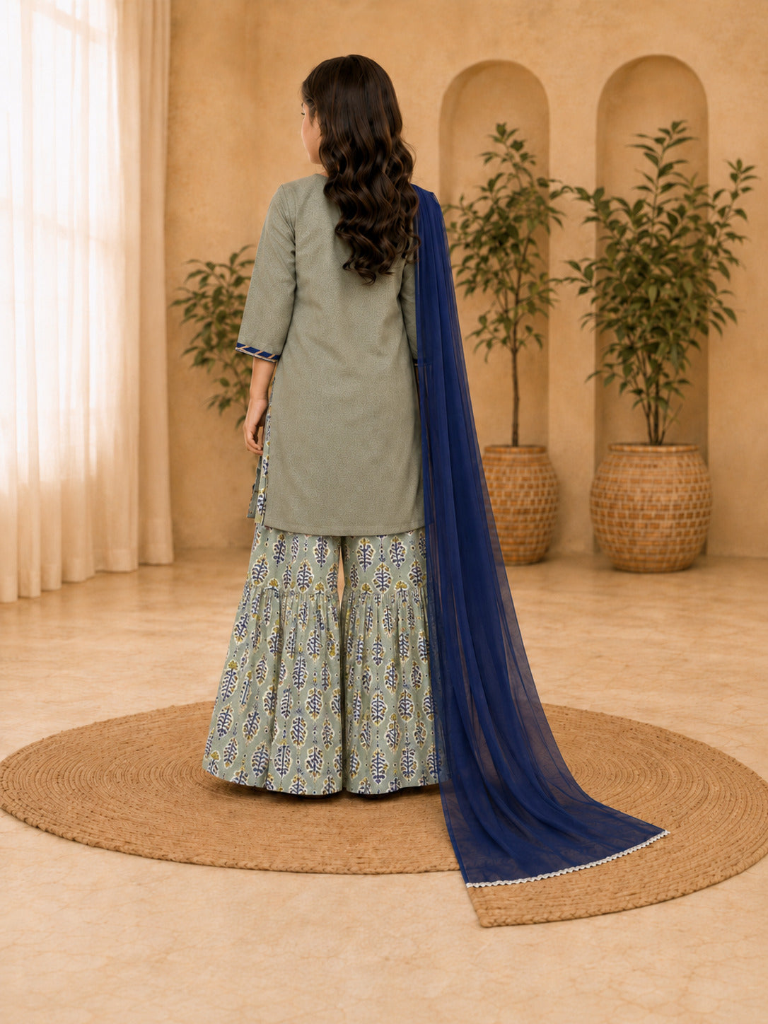Girls Pista Green Kurta With Printed Sharara & Blue Dupatta