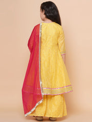 Silk blend Woven Three-Quarter Sleeves Woven Design Flared Kurta And Sharara With Dupatta Set - Yellow
