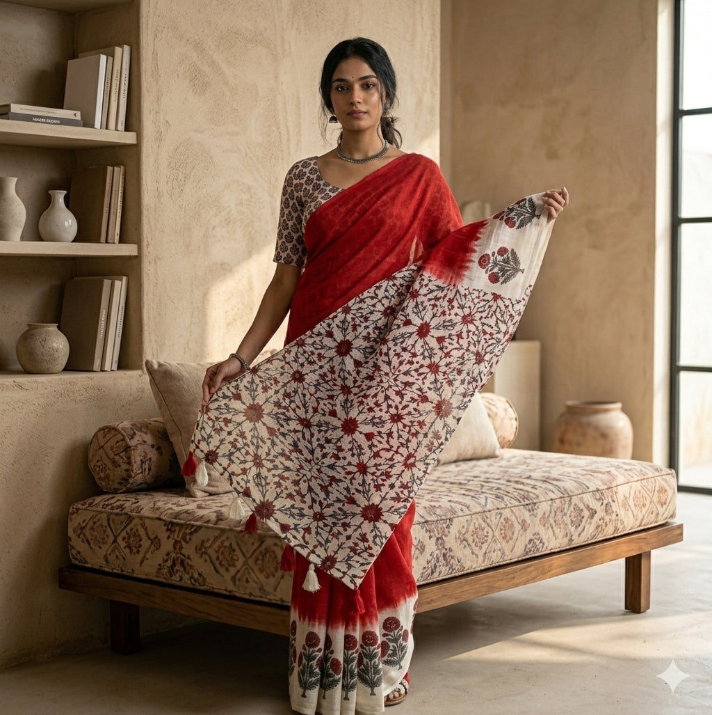 Soft linen saree with shaded style prints.