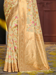 Graceful Yellow Banarasi Silk Saree with Golden Zari Woven Border & Floral Jaal – Wedding & Festive Wear