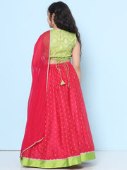 Girls Green & Pink Woven Design Choli, Ready to Wear Lehenga with Dupatta