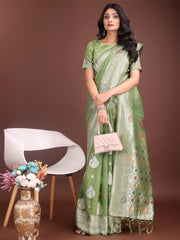 Elegant Olive Green Linen Cotton Saree with Zari Border & Woven Motifs – Perfect for Sophisticated Everyday & Festive Looks