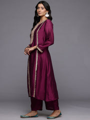Women Wine Zari Lace Embellished Anarkali Kurta With Trousers And Tissue Dupatta.