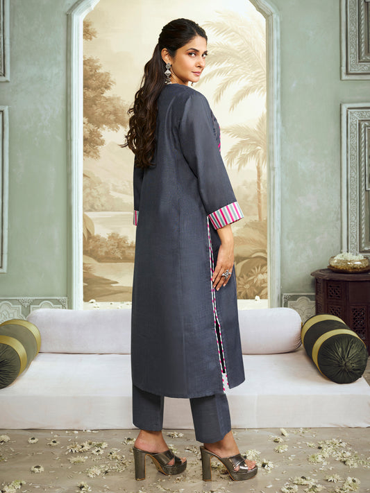 Grey Embroidered Straight Kurta Set.