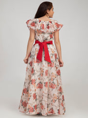 Silk Woven Half Sleeves Flower Print Flared Frock - Beige