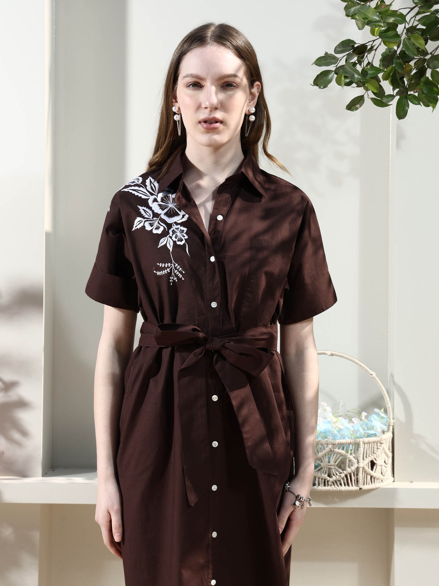 Floral Embroidered Shirt Midi Dress