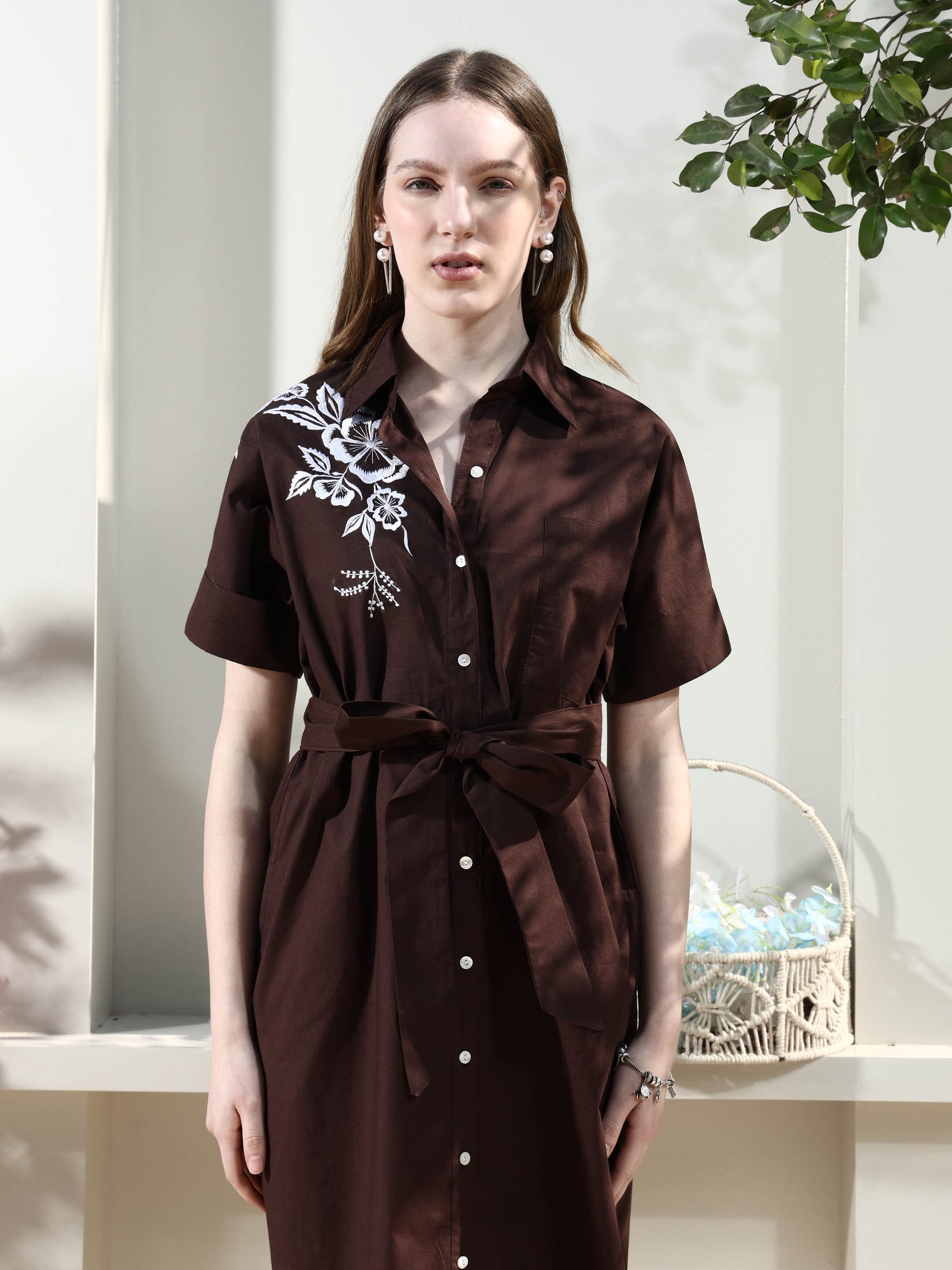 Floral Embroidered Shirt Midi Dress
