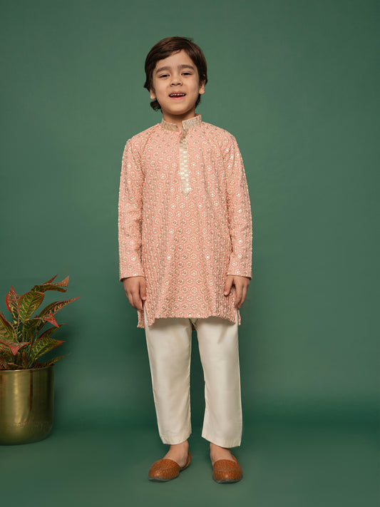 Boys' Peach Kurta And Pyjama Set
