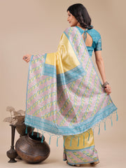 Radiant Sky Blue Silk Saree with Pink & Blue Floral Pattern – Perfect for Weddings & Festive Glamour