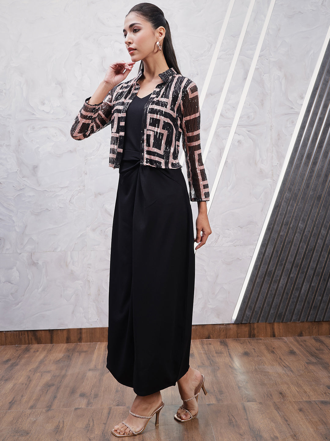 Geometric Printed Embellished V-Neck Sheath Dress With Jacket