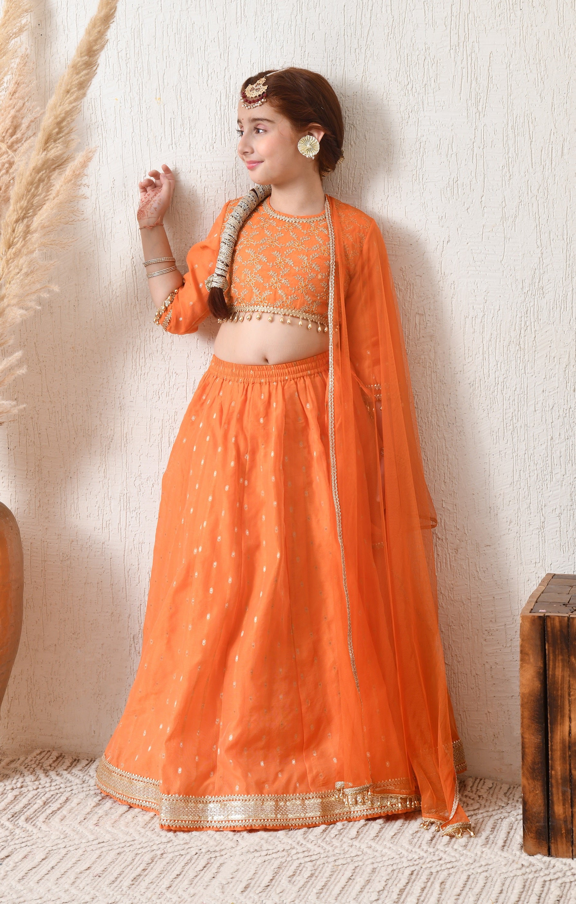 Girls Orange Embroidered Lehenga Choli Set with Net Dupatta