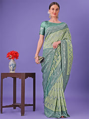 Cream & Green Lichi Silk Saree with Rich Woven Border and Zigzag Pattern – Wedding & Festive Wear