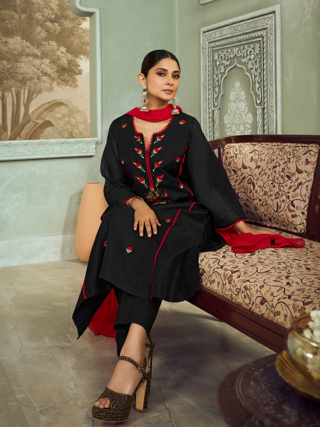 Black Floral Embroidery Straight Kurta Set With Printed Dupatta