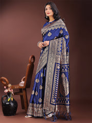 Graceful Royal Blue Banarasi Silk Saree with Silver Zari – Perfect Ethnic Wear for Weddings & Festive Moments