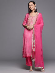 Women Women Pink Bandhani Printed Straight Kurta Paired With Tonal Bottom And Dupatta