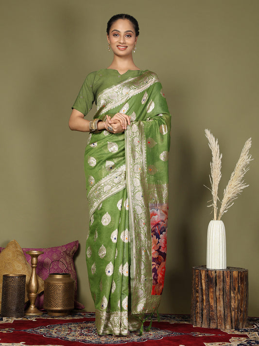 Green Floral Linen Cotton Saree with Zari Border & Digital Printed Pallu – Elegant Sari for Festive Occasions