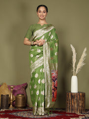 Green Floral Linen Cotton Saree with Zari Border & Digital Printed Pallu – Elegant Sari for Festive Occasions