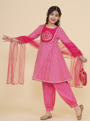Solid Three-Fourth Sleeves Above Knee Length Silk Kurta & Salwar With Dupatta - Pink