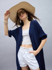 Women's Rayon Crepe Navy Longline Shrug with Lace Inserts