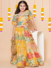 Girls Yellow Flower Digital Print Lace work Choli with Ready to wear Lehenga.