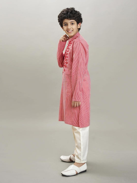 Boys red white stripe embroidery kurta with a off white pajama