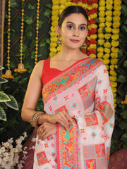Off White Linen Cotton Saree with Multicolor Ethnic Print – Soft & Lightweight Saree for Festive, Daily, and Office Wear