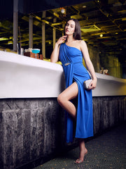 One Shoulder Front Slit Midi Dress