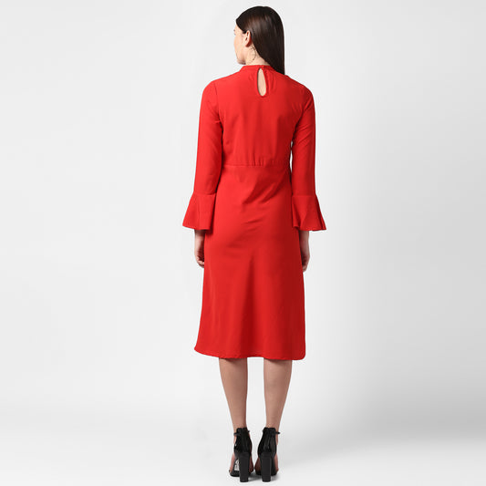Women's Red Front Ruffle Bell Sleeve Dress
