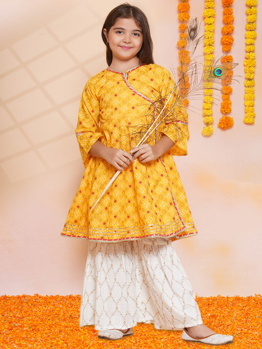 Girls Yellow Ethnic Motifs Printed Angrakha Kurta with Sharara