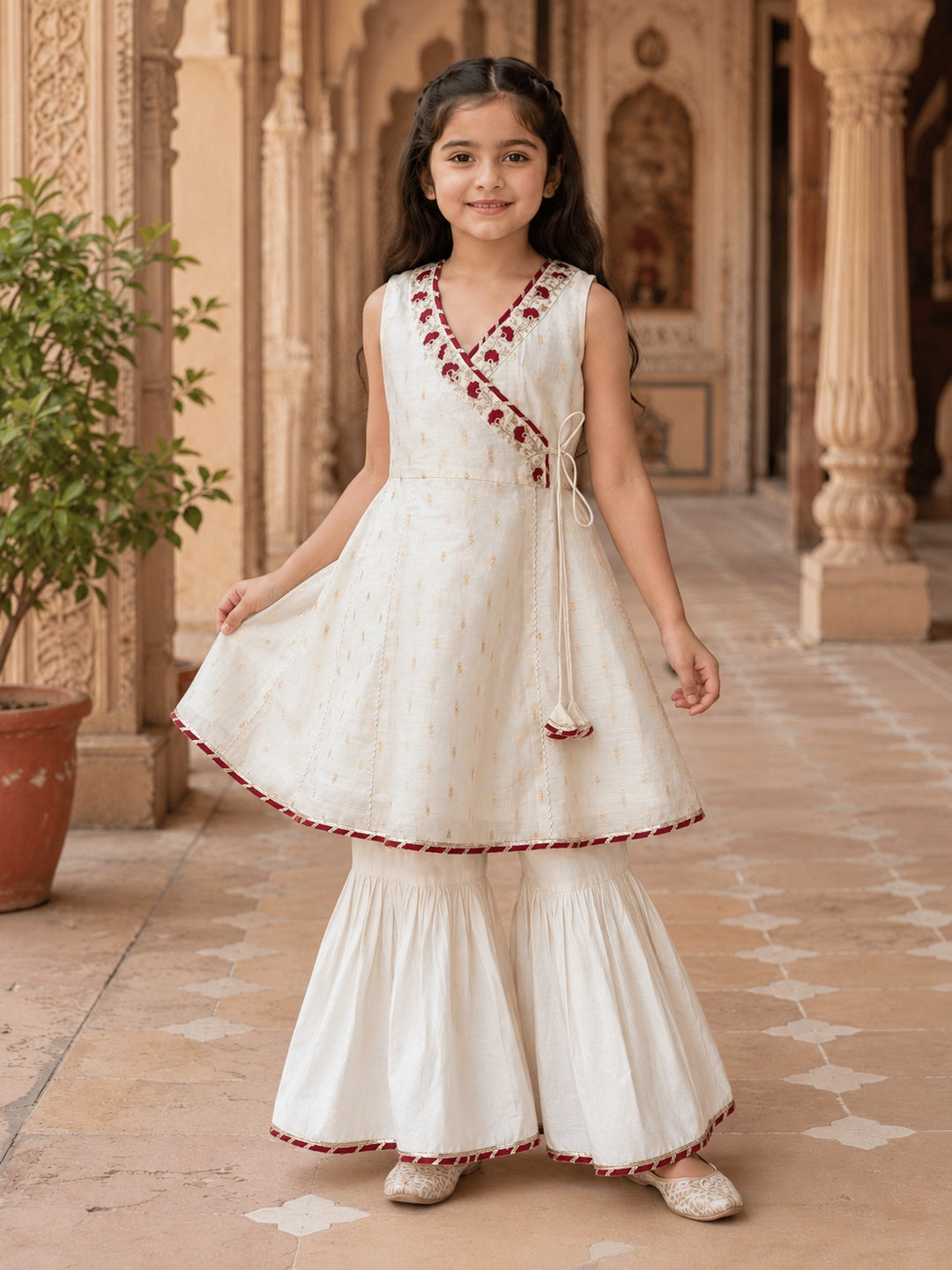 Girls Off White Kurta With Sharara