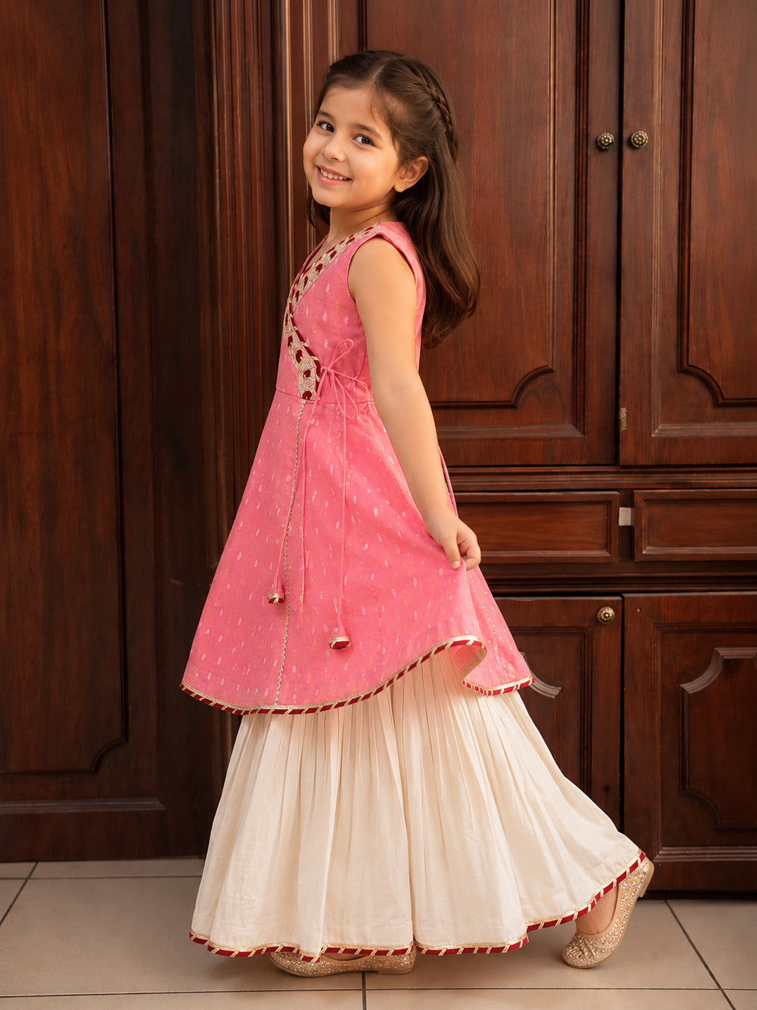 Girls Peach Kurta With White Sharara