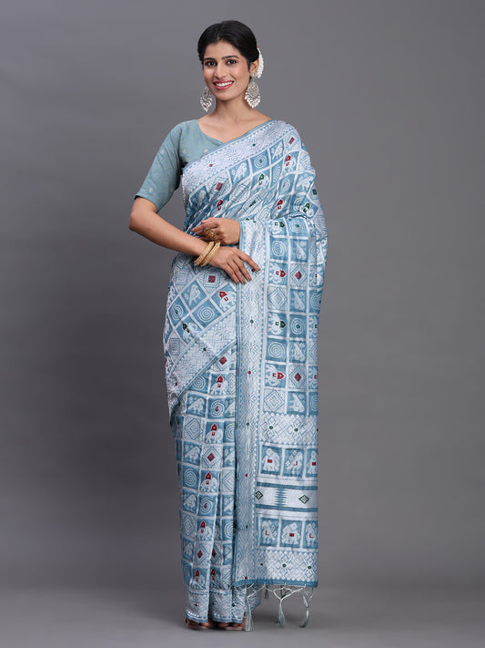 Sky Blue Linen Cotton Saree with Multicolor Elephant & Temple Motifs – Traditional Woven Pallu & Tassels