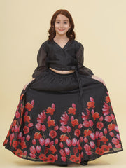 Girls Indo-Western Black & Pink Digital Printed Choli Ready to wear Lehenga