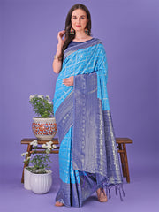 Vibrant Yellow & Blue Lichi Silk Saree with Rich Woven Border and Contrast Blouse – Festive & Wedding Wear
