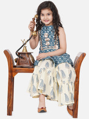 cotton Woven Sleeveless Floral Print A Line Kurta And Sharara Set - Blue