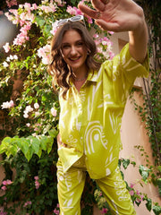Lime Green Floral Printed Linen Shirt Style Top