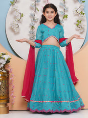 Girls Sea Green & Pink Embroidered Choli, Ready to Wear Lehenga with Dupatta