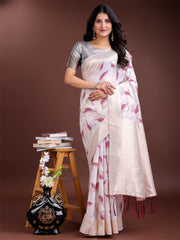 Elegant White & Light Green Leaf Print Cotton Saree for Women with Zari Border & Tassels – Soft & Lightweight Daily Wear Saree