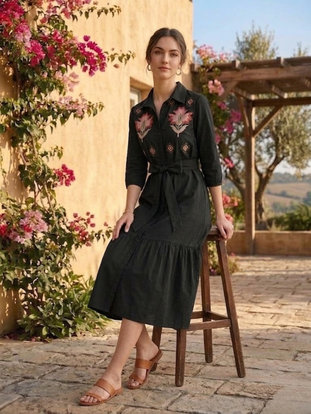 Black Embroidered Cotton Shirt Dress-ADR-22015
