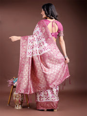 White & Maroon Woven Linen Cotton Saree with Rich Zari Border – Soft Festive Wear Saree for Women