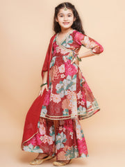 Silk blend Woven Three-Quarter Sleeves Floral Print Flared Kurta And Sharara With Dupatta Set - Maroon