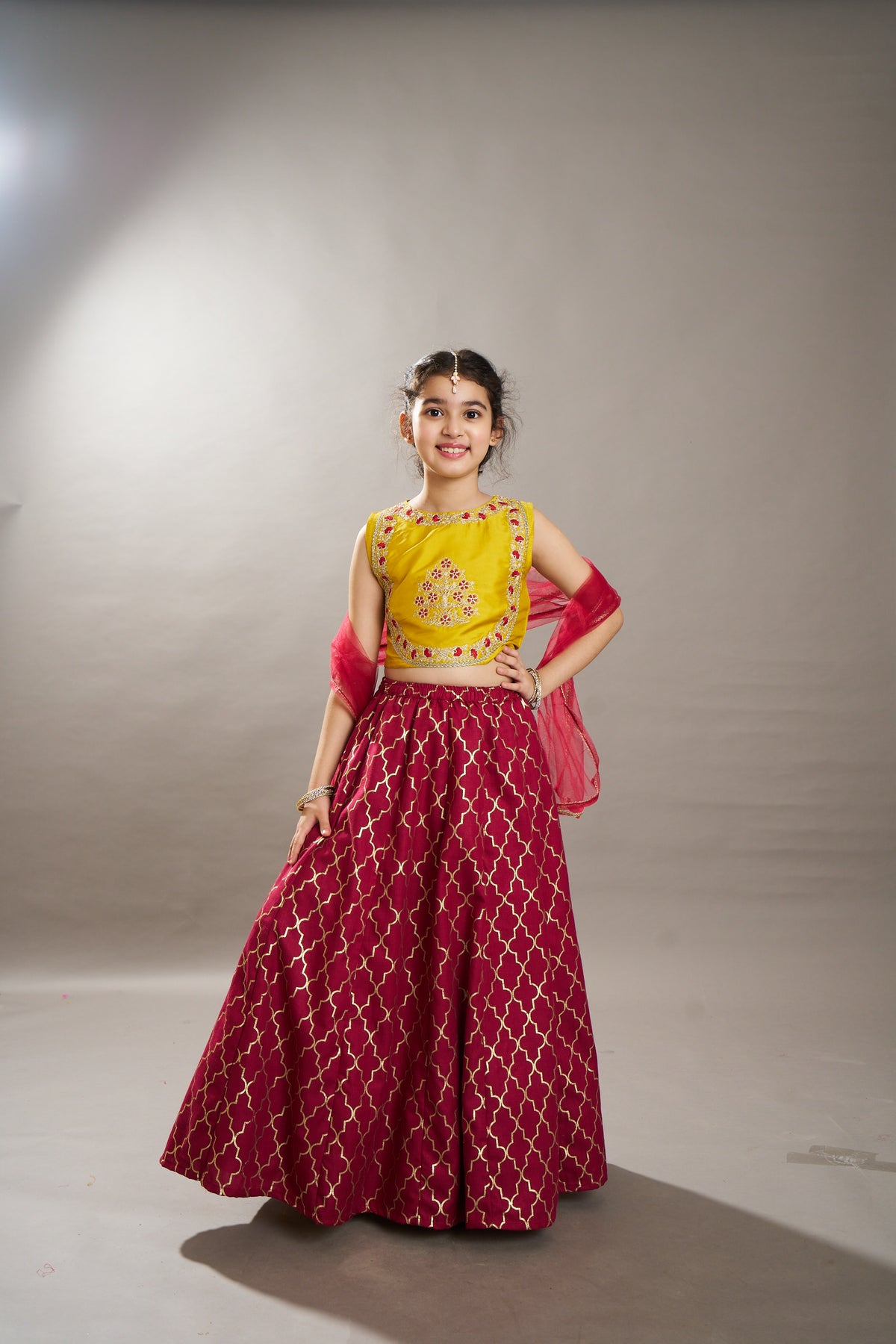Girls Pink with Embroidered Ready to Wear Lehenga & Choli with Dupatta