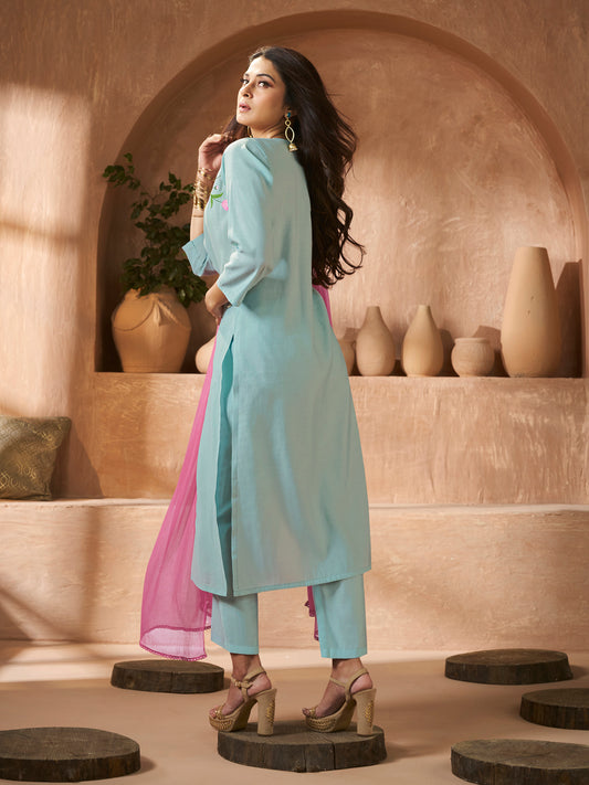 Sky Blue Embroidered Straight Kurta Set With Dupatta.
