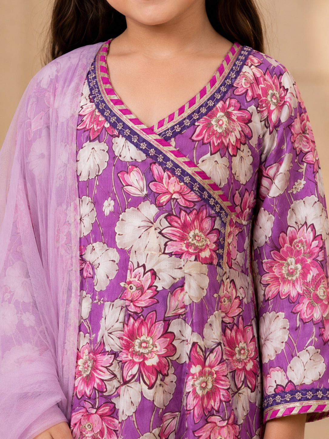 Girls Purple Floral Printed Kurta With Sharara And Pink Dupatta