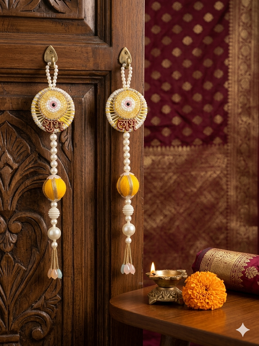 Shubh Shringar Creations Shubh Laabh Beaded Door Hanging, Yellow, Handcrafted, 25x5 cm,1 Pair(Small Size)